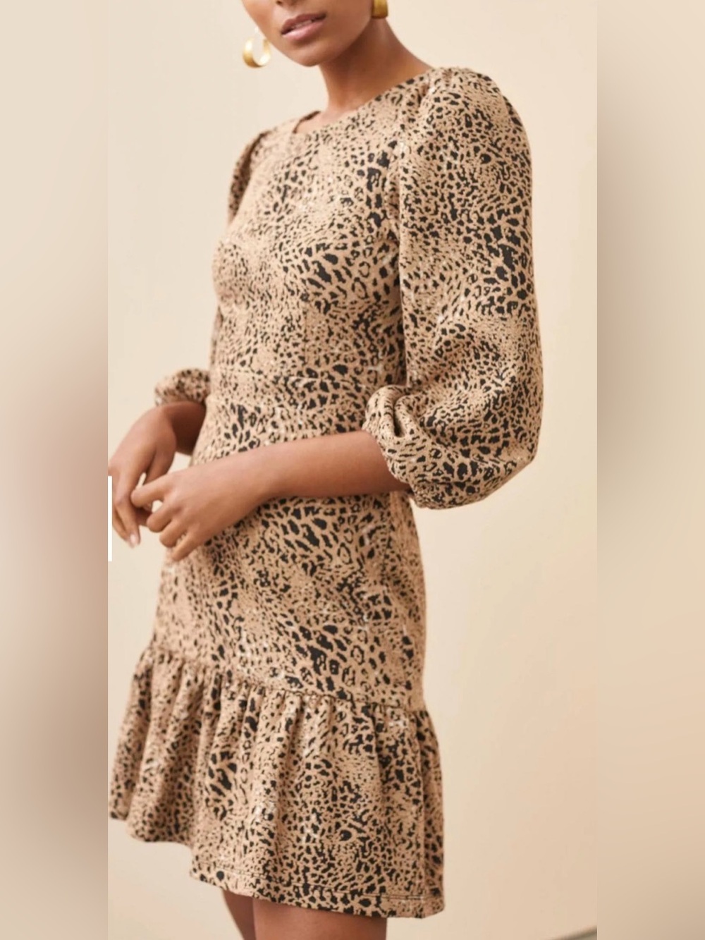 Anthropologie Maeve Leopard-Print Puff-Sleeve Mini Dress in Tan and Black